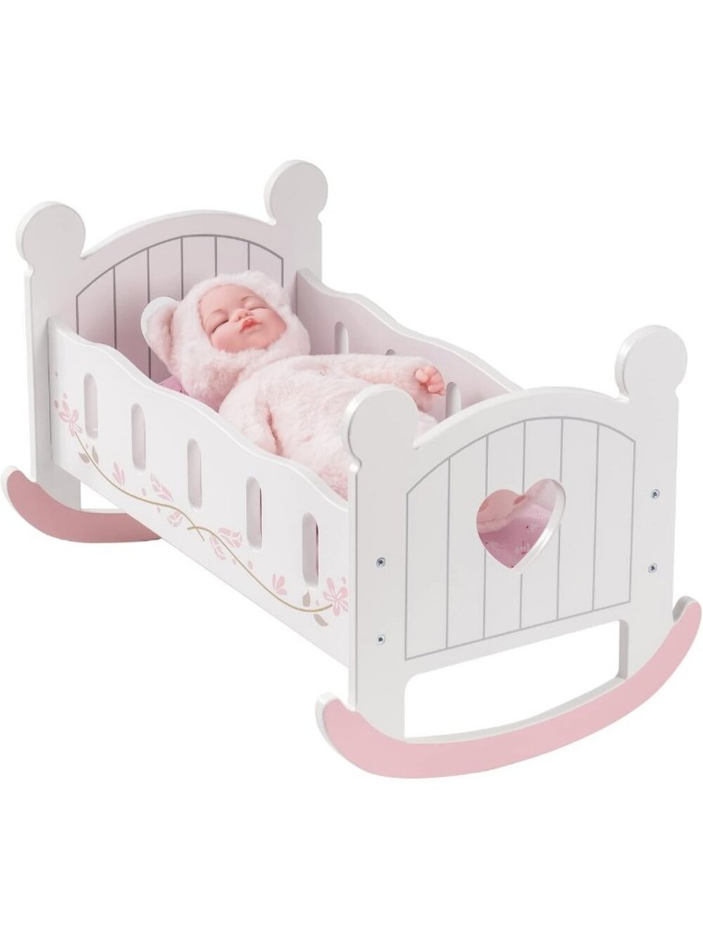 Wooden Rocking Doll Cradle with Reversible Bedding for 20" Dolls - Toddler Toy